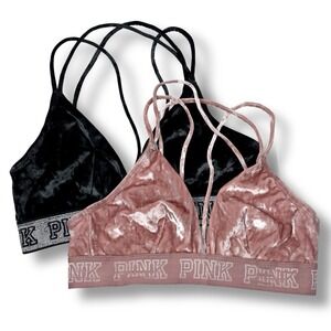 Lot Of 2 Victoria's Secret PINK Bralette Bra Womens Medium Wireless Velour Black